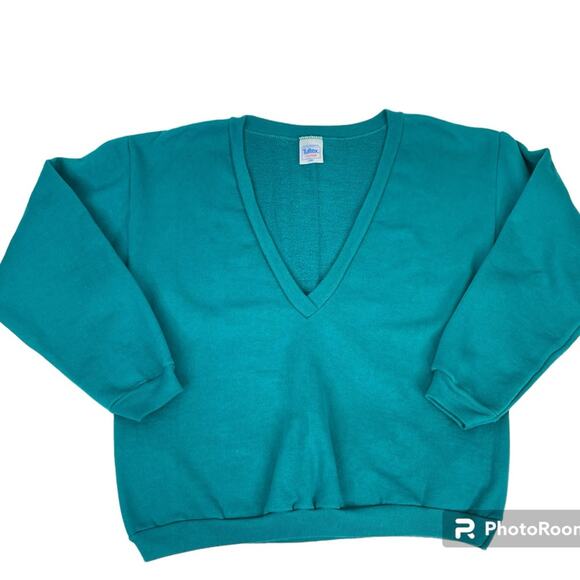Tultex Vintage Sweatshirt 90s Deep V Teal Green Large Retro Preppy - Picture 1 of 7